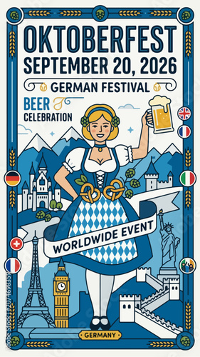 Oktoberfest 2026 Event Poster — Bavarian 
Blue White Gold Beer Celebration German 
Festival Typography Template September