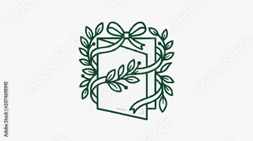 Intricate black and white floral wreath design illustration.