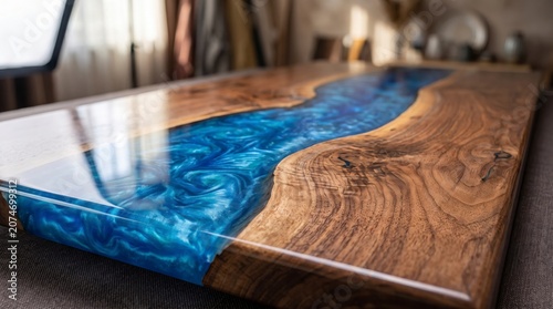 Close-up of wooden table with blue resin river design