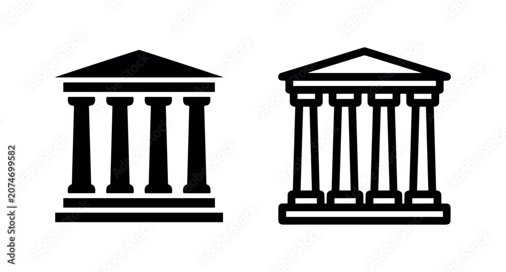 Naklejka premium Classical building icon set. Ancient Greek temple or courthouse symbol in solid and outline style.