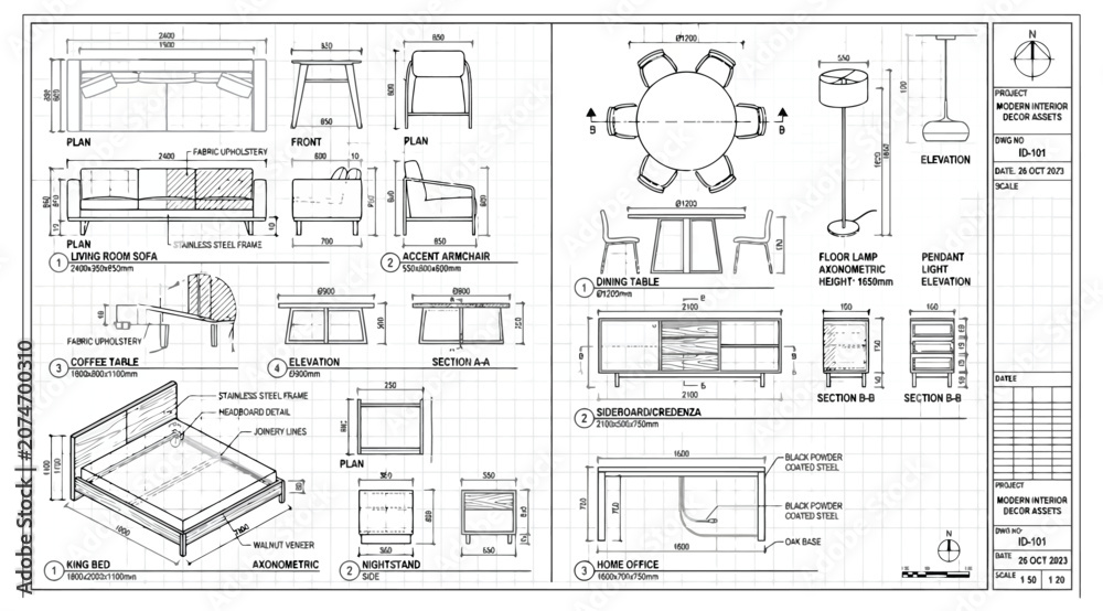 Fototapeta premium Technical furniture specification sheet with dimensions and elevations