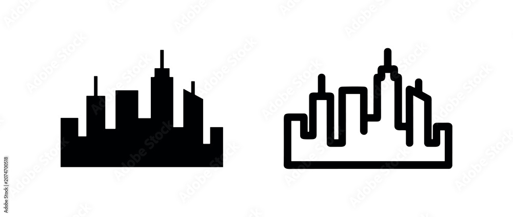 Fototapeta premium City skyline with skyscrapers icon set in solid and outline style. Urban architecture and metropolitan landscape pictogram.