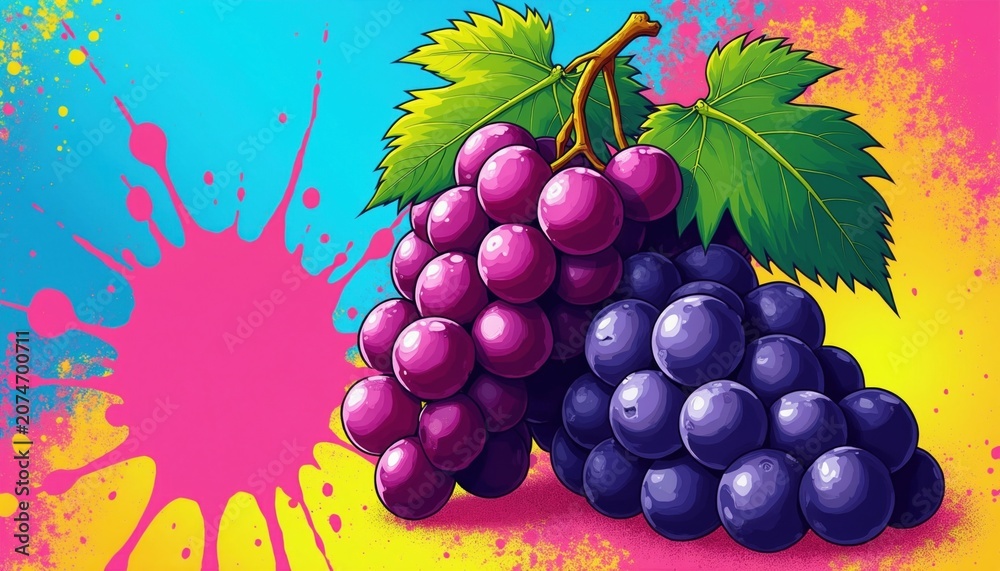 Fototapeta premium Bright cartoon illustration of ripe purple grapes with green leaves against a vibrant abstract background. Fresh fruit bunch appears juicy and delicious for healthy eating.