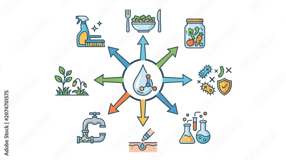 Fototapeta premium Water utility infographic diagram featuring diverse applications and benefits of pure water resource management in a clean minimalist vector illustration style