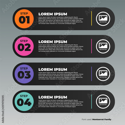 Business infographic timeline vector illustration with four steps and colorful geometric rounded capsule banner cards on dark background