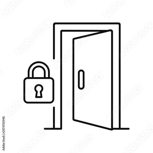 Line art of an open door with a padlock on the left side
