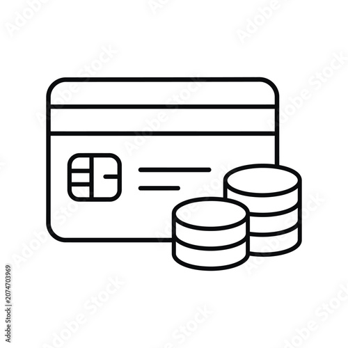 A line drawing of a credit card with two coins stacked beside it