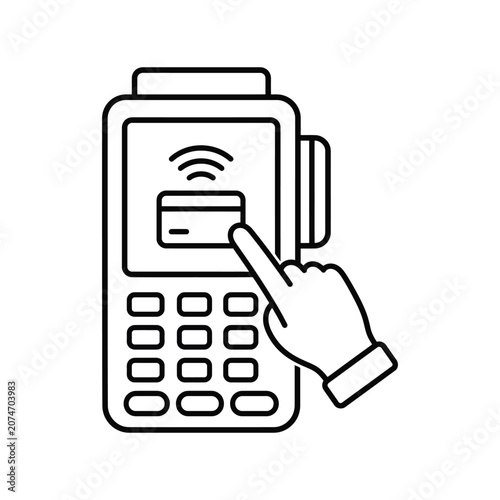 Black line icon of a hand using a wireless payment terminal