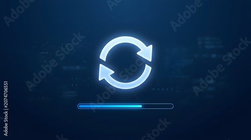 Fototapeta kuchenna Software update loading process featuring glowing digital sync arrows and a progress bar on a dark technology background