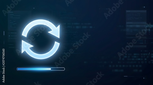 Digital transformation and software installation process with a glowing sync arrow icon and progress bar in a cyber environment