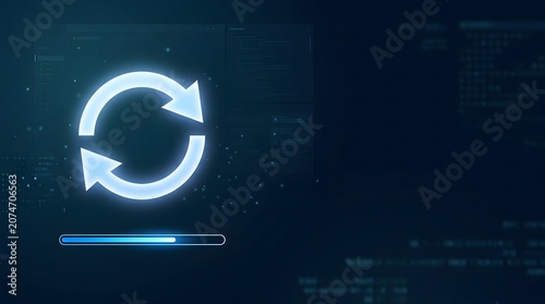 System upgrade and data synchronization concept with a glowing refresh icon and loading bar over a digital coding background