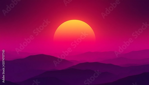 Vibrant sunset over rolling hills with a dramatic purple and pink gradient sky, creating a serene and breathtaking landscape