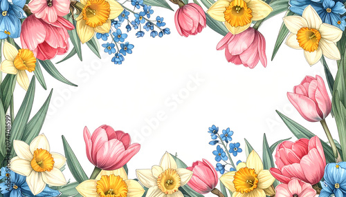 Beautiful Spring Floral Border with Tulips and Daffodils.