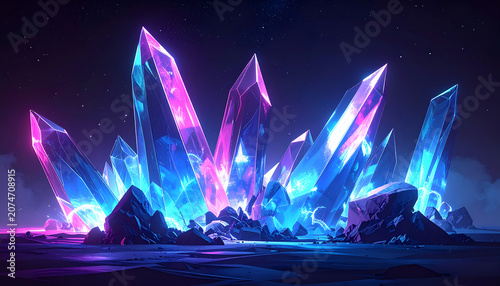Vibrant Neon Crystal Cluster Glowing with Mystical Energy.