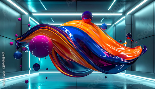 Vibrant Abstract Sculpture Twisting in Futuristic Neon Lit Corridor.
