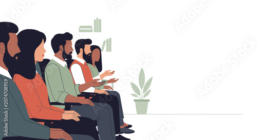 Diverse group of business professionals attending a corporate meeting or seminar, actively engaged in discussion and learning, with ample copy space.