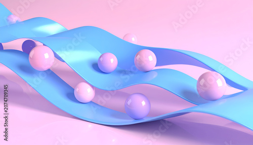 Abstract Blue Ribbon Waves with Pink Spheres and Cylinders.