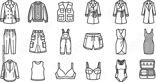Comprehensive collection of various clothing items and apparel icons featuring jackets, dresses, tops, and lingerie in a clean, professional vector line art style.