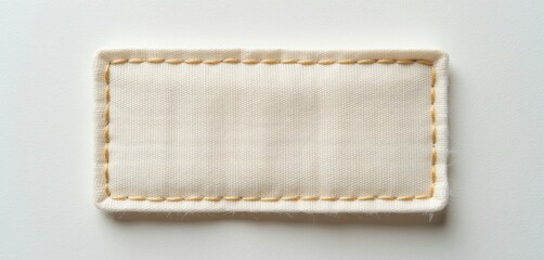 Rectangular cream fabric label with stitched border rests on white surface. Blank space for text or logo. Minimalist design for apparel, craft, or branding.