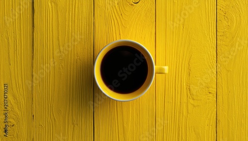 A bright yellow mug of dark coffee sits centered on a textured yellow wooden surface