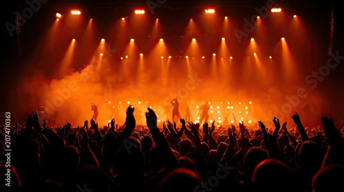 Stage lights illuminate a cheering crowd at a vibrant concert