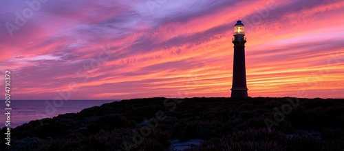 Silhouette of a tall lighthouse on a coastal hill against a vibrant, multi-colored sunset