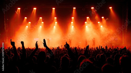 Energetic crowd with raised hands under fiery stage lights