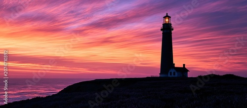 Towering lighthouse stands on cliff against vibrant sunset sky