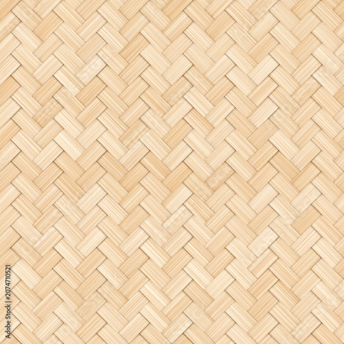 Seamless texture of light brown woven bamboo or wood strips, featuring an intricate herringbone pattern suitable for architectural surfaces, interior design backgrounds, and 3D renderin