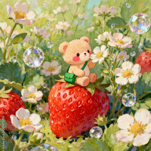 Impasto Oil Painting of Cute Fluffy Teddy Bear Sitting on Giant Strawberry in Strawberry Field With Transparent Bubbles