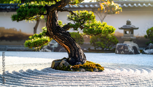 Zen Garden Bonsai Tree Raked Sand Stone Lantern.