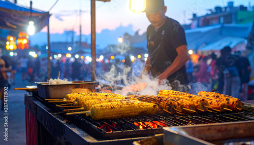 Street food vendor grilling corn on the cob at a bustling night market.