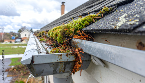 Clogged Gutter Filled with Moss and Debris on a Residential Roof.