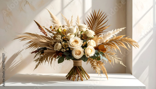 Bohemian Dried Flower Arrangement with Roses and Pampas Grass.