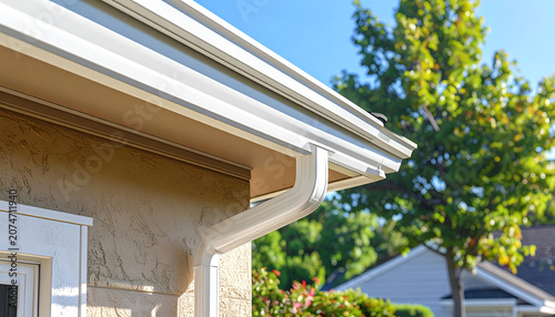 Close-up of a clean white gutter system on a residential home exterior.