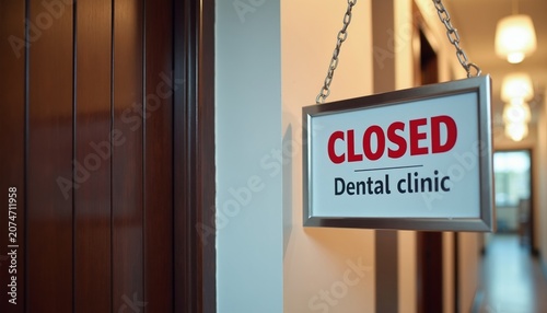 Closed sign on dental clinic door. Office interior hallway with lights. Message about closure. Dental practice is shut for service.