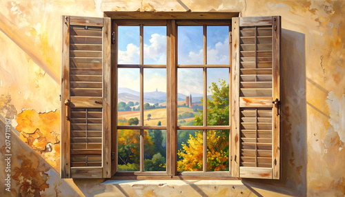 Open Window View of Autumn Landscape with Mountains and Trees.