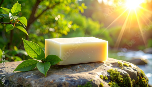 Natural Handmade Soap Bar Resting on Mossy Rock with Sunlight and Greenery.