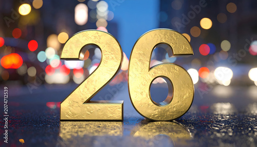 Golden Number 26 Illuminated by City Lights at Night.