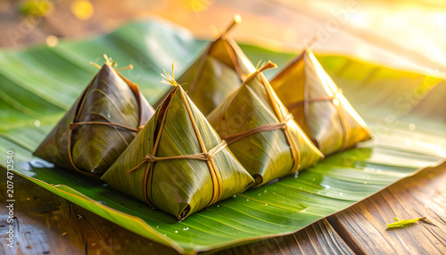 Traditional Asian Zongzi Dumplings Wrapped in Leaves on Banana Leaf.