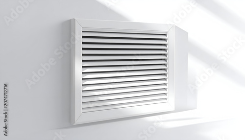 Clean White Ventilation Grille on a Textured Wall with Natural Light Shadows.