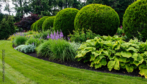 Beautifully manicured garden with lush green lawn and sculpted topiaries.
