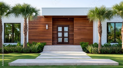 Modern home with wood facade, palm trees, and elegant walkway