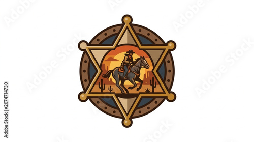 Schilderij op canvas Sheriff Badge with Cowboy on Horseback at Sunset.