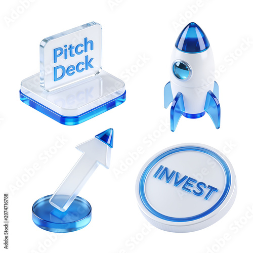 3D Startup Launch and Business Pitch Deck Icon Set