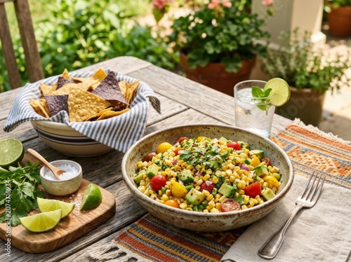 Fresh corn salad bowl with tortilla chips and lime for summer meal tortilla vegetable cilantro