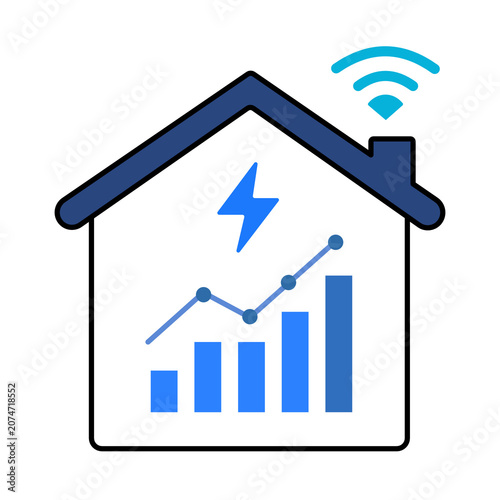 Smart Home Energy Consumption Monitoring Icon Featuring Wi-Fi Connectivity and Data Analytics Chart