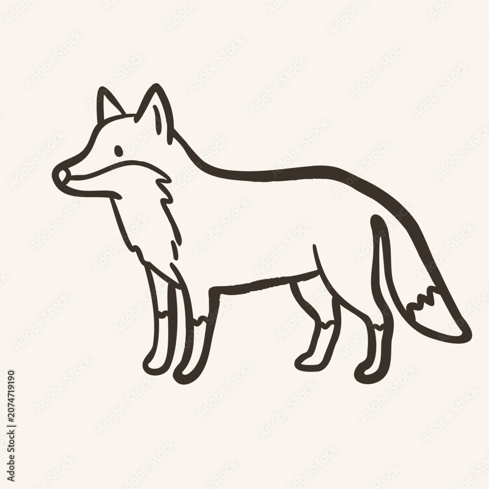 Fototapeta premium Hand drawn fox in whimsical doodle minimal style. Woodland forest animal outline vector illustration isolated for nursery and print design.