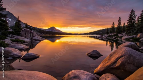 Scenic sunset over calm mountain lake with rocky foreground.
