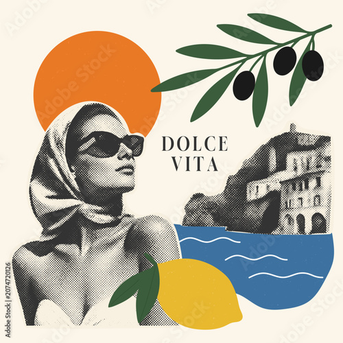Retro travel collage with woman portrait, sun, olive branch and sea, dolce vita concept in halftone style, trendy Italian vacation illustration for poster and branding.